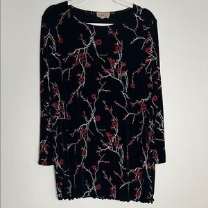 Floral Black and Red Long Sleeve Dress Slinky Jersey Knit Fabric Tunic Shirt